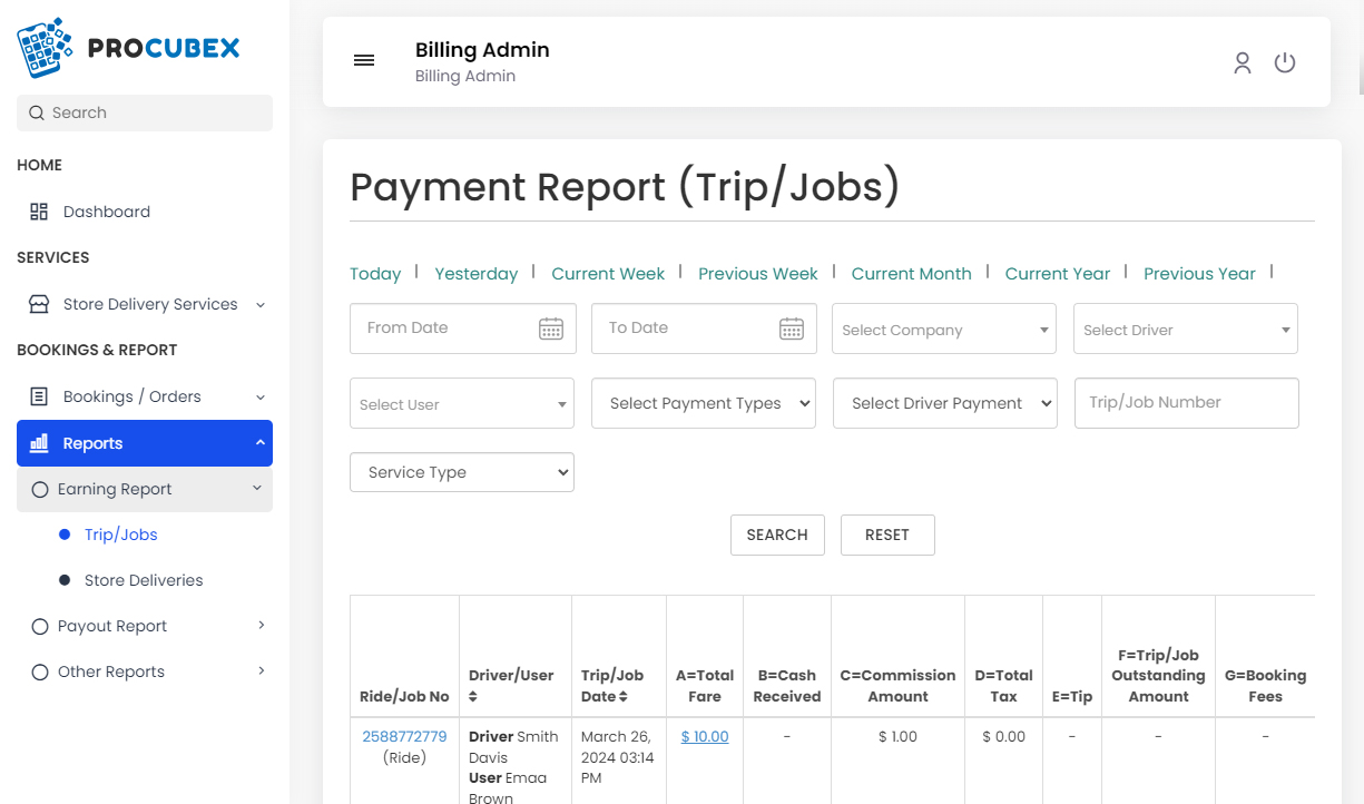 Payment Report (Trip/Jobs)